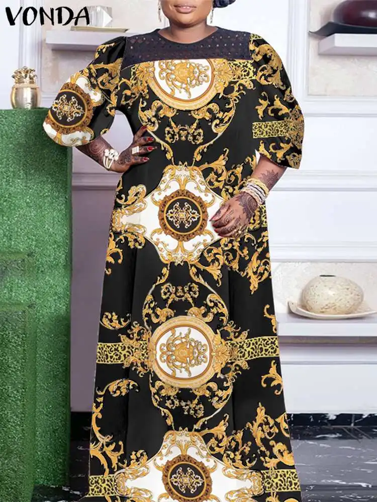 Plus Size 5XL VONDA Summer Maxi Dress 2023 Women Bohemian Puff Sleeve Vintage Printed Party Sundress Casual Lace Patchwork Robe
