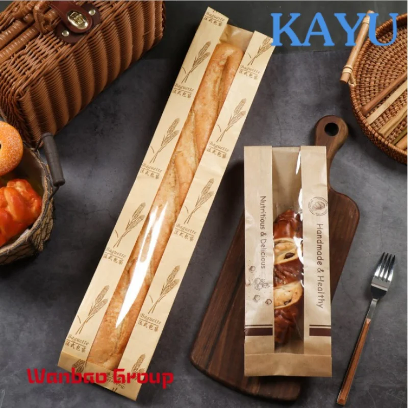 Baguette Loaf Bag Food Fresh Packaging Kraft Paper Bread Bags 50 with Clear Window and Seal stickers