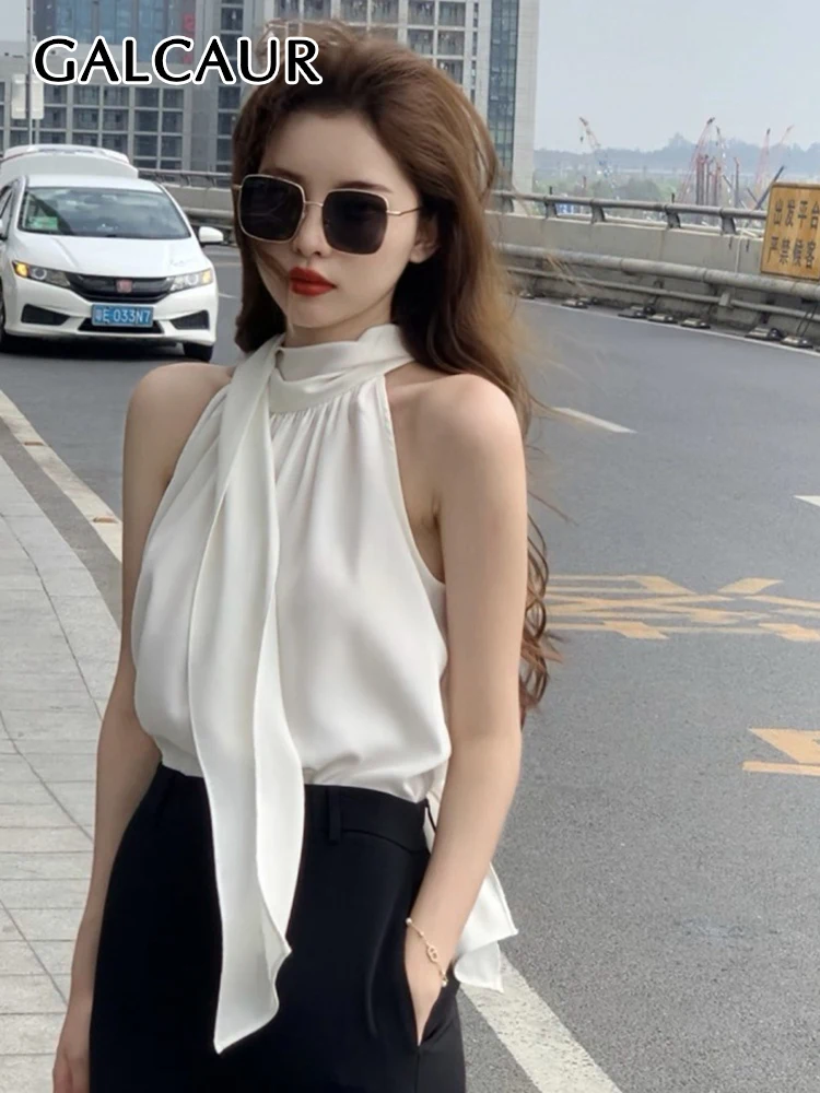 

GALCAUR Solid Shirt For Women Round Neck Sleeveless Patchwork Lace Up Off Shoulder Sexy Fake Two Piece Blouse Female Summer New