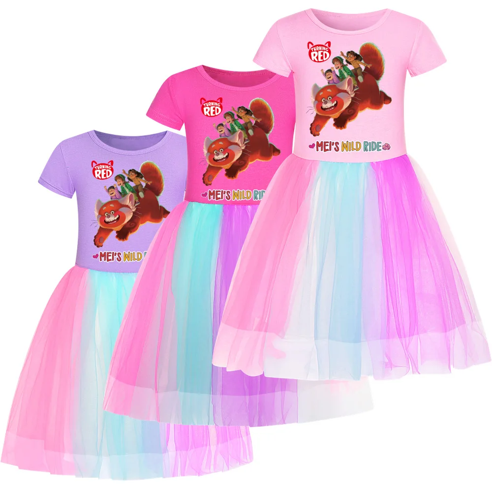 

2022 New Disney Turning Red Summer Girls Cotton T-Shirt + Printed Gauze Stitching Children's Cartoon Party Casual Dress 2-14Y