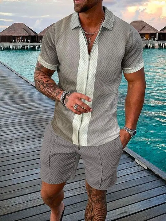

2022 New Summer Men's Suit Polo Shirt Zipper Collar Soft Breathable Beach 2 Piece High Quality 3D Printing Casual Sportswear
