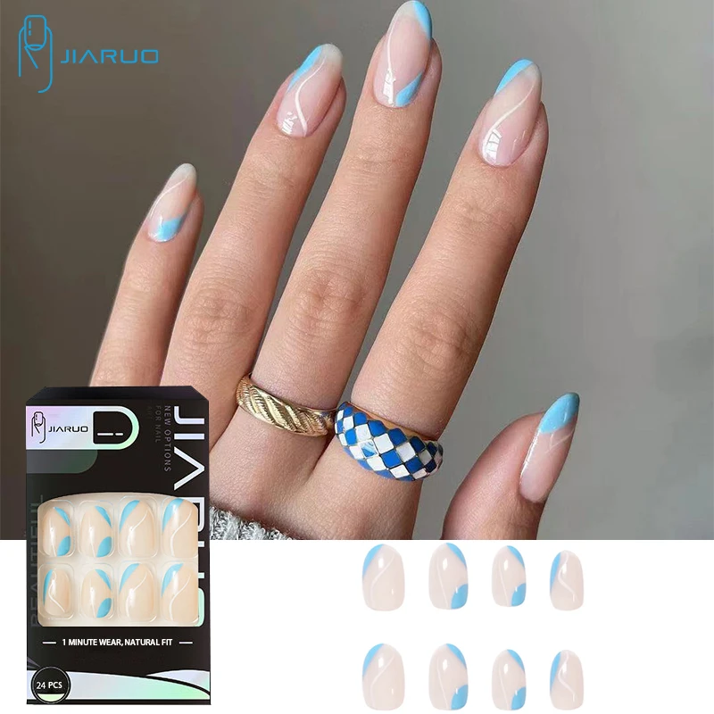 

JIARUO 24 шт./кор. длинное круглое прессование искусства ногтей Y2k синяя Французская линия дизайна ногтей готовый продукт наклейка прочная