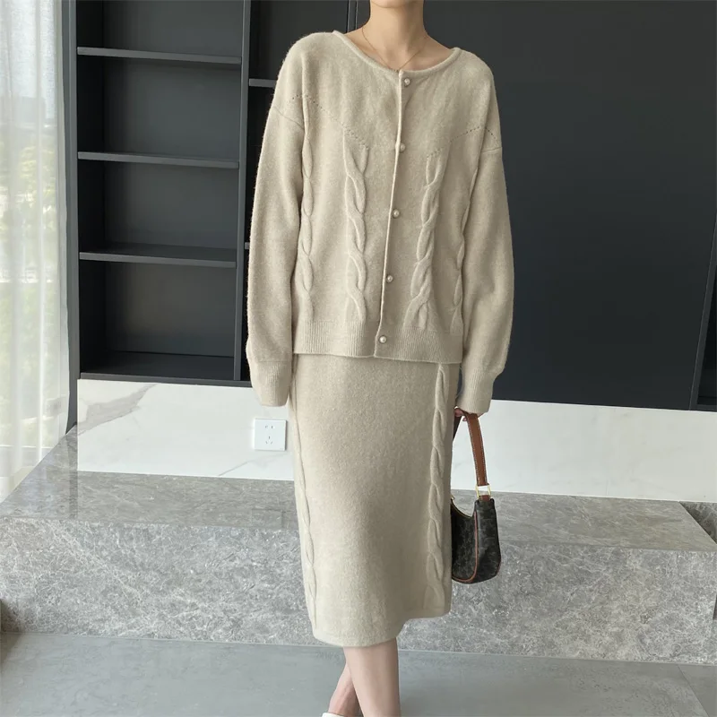 Autumn and winter women's casual solid color round neck long-sleeved cardigan sweater + high waist knitted skirt suit