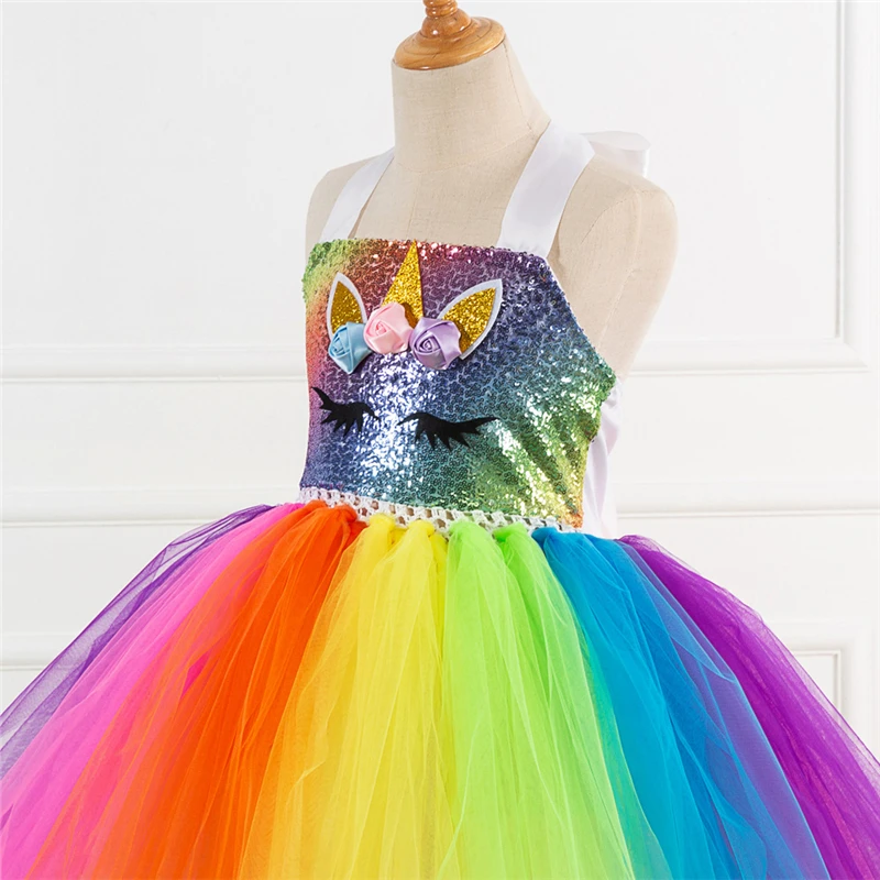 Unicorn Costume Cosplay for Girls Rainbow Long Dress up Mesh Tutu Skirt Princess Dress Halloween Costume For Kids Carnival Party