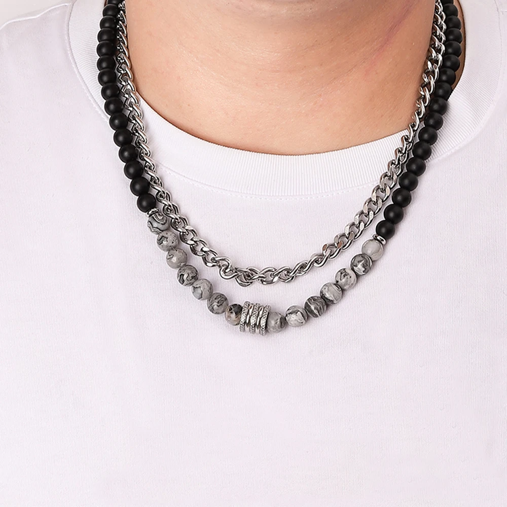 

Natural Black Lava Map Stone Mattle Onyx Choker Jewelry For Men Women Stainless Steel Bead Yoga Short Chain Necklace 45/55CM