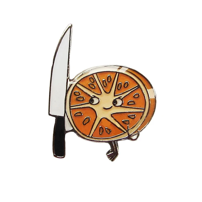 

Custom Cartoon orange round orange and white knife lapel pin Wholesale Manufacturer Black Nickel Metal Badge