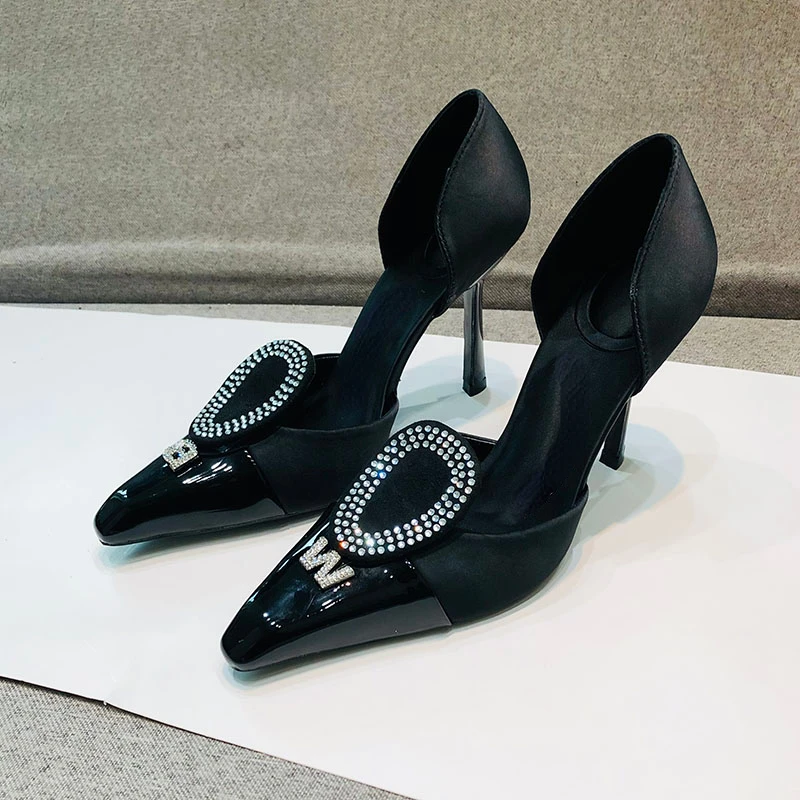 Women's Hollow Sandals 2023 Spring and Autumn New Color Block Letter Water Diamond Small Square Head High Heel Banquet Shoes