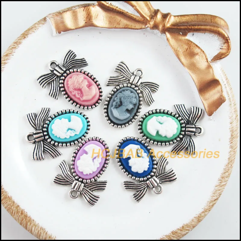 

Fashion New 12Pcs Tibetan Silver Plated Retro Knot Beauty Mixed Resin Charms Pendants 19.5x24.5mm