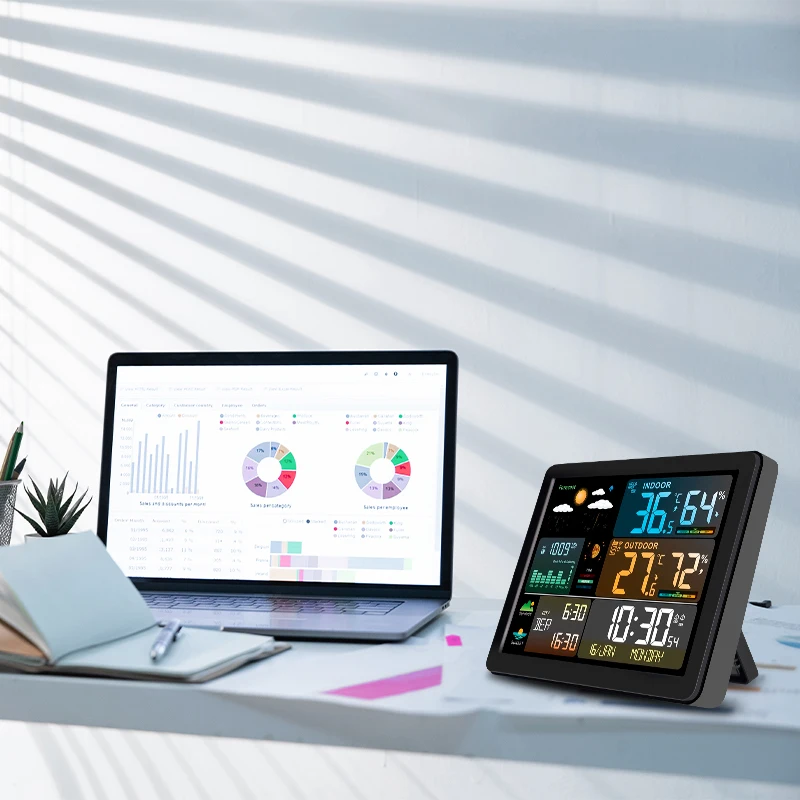 Фото Домашняя беспроводная метеостанция, часы, внутренний монитор с барометром, наружный измеритель температуры и влажности №5