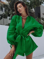 clacive sexy green v neck women jumpsuits elegant loose lace up long sleeve linen one piece shorts jumpsuit female clothing 2022