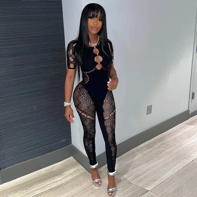 

Женский Осенний однотонный кружевной комбинезон с высокой талией и вырезом «халтер», с рукавами и ажурными наклейками со стразами, 2023