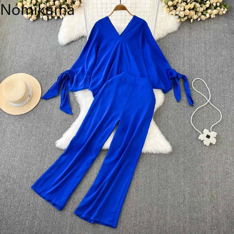 

Женский элегантный комплект Nomikuma, сезон весна-осень, рукав летучая мышь, высокая талия, Женский комплект, Ретро Модный комплект для женщин, 2 ...