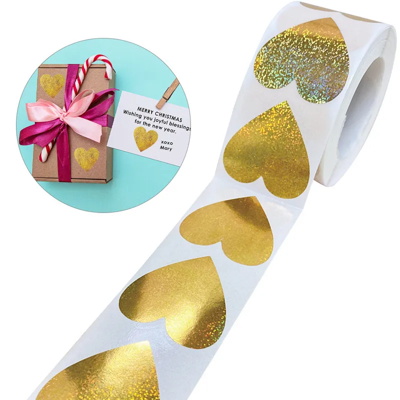 1/1.5inch 100-500pcs Holographic Laser Heart Gift Stickers for Valentine's Day Gold Sparkling Labels Wedding Party Love |
