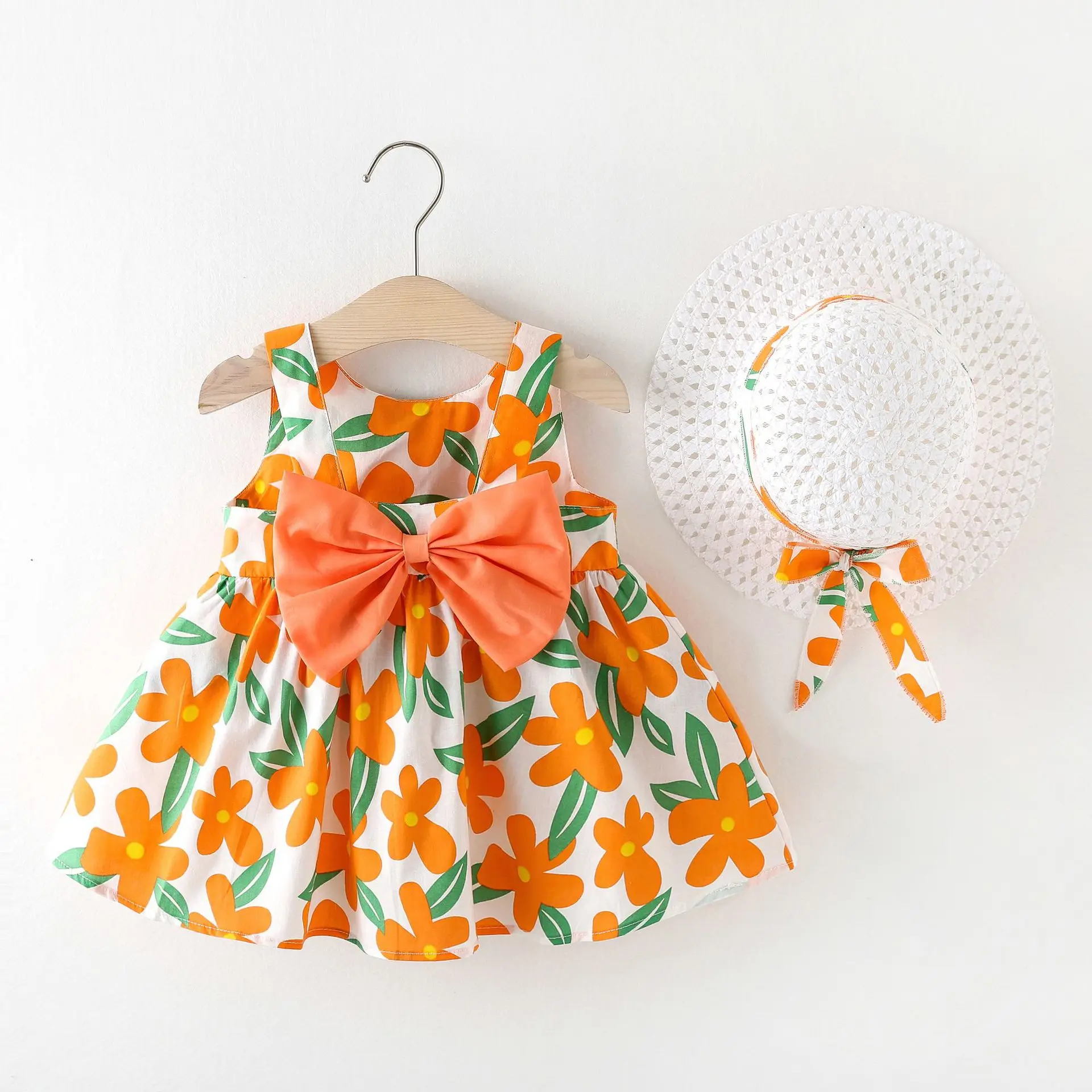 

Summer Girl Clothing New Newborn Baby Girl Vest Dress Princess Beach Dress Big Bow Flower Dresses + Hat Toddler Clothing Set