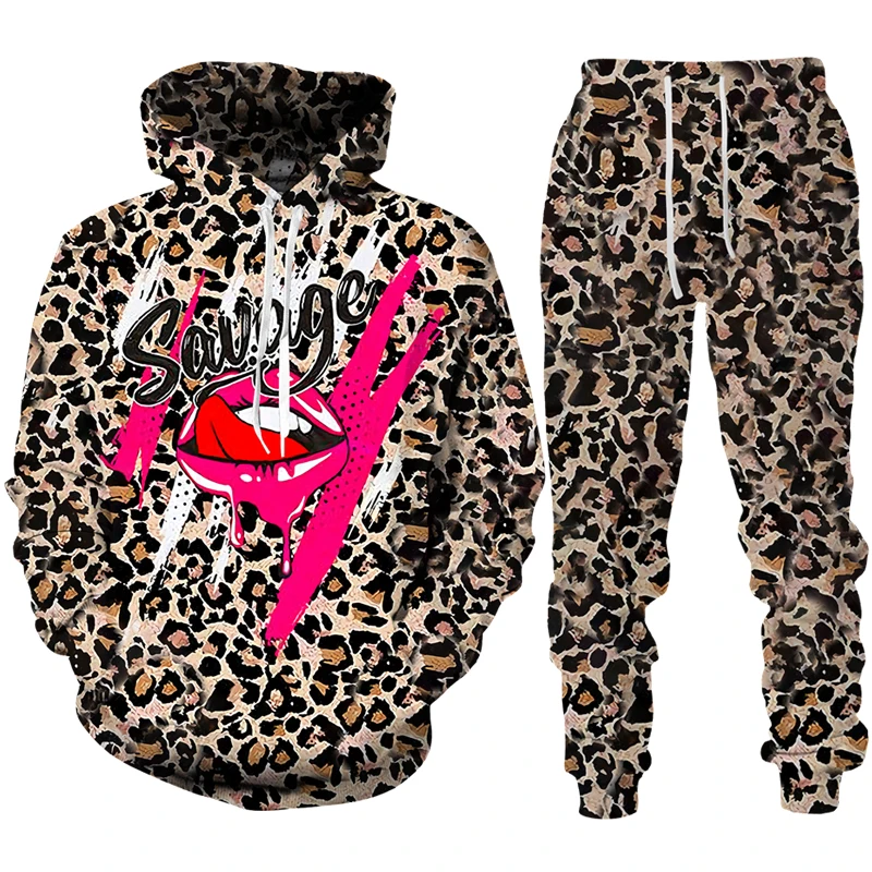 

Весенне-осенний Женский комплект с капюшоном с 3D принтом губ, повседневные спортивные штаны в стиле хип-хоп, спортивная одежда, модный костю...