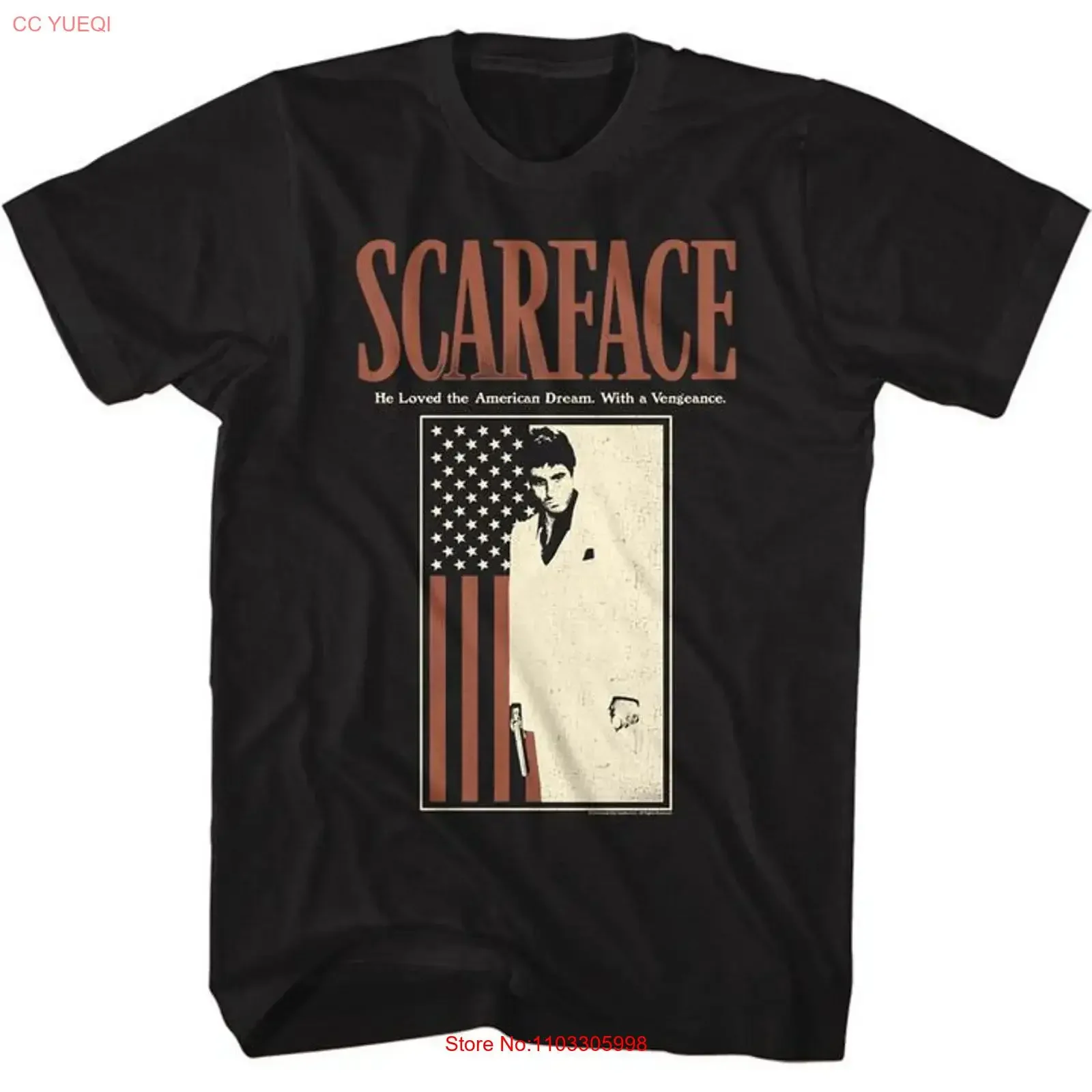 Фото Футболка Scarface With Flag черная, винтажная, с эффектом потертости, унисекс, для повседневной носки, модная, мягкая, удобная, универсальная. №1