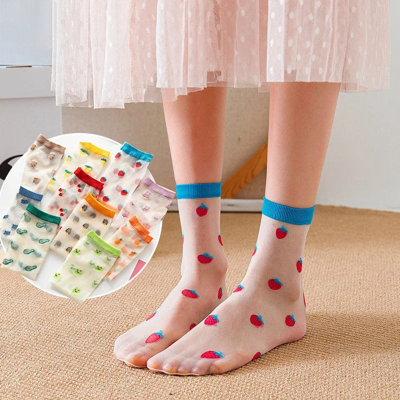 

Transparent Women'S Socks Cute Fruit Polka Dot Floral Pattern Funny Cute Socks Medium Tube Socks Ultra-Thin Fiberglass Ice Socks