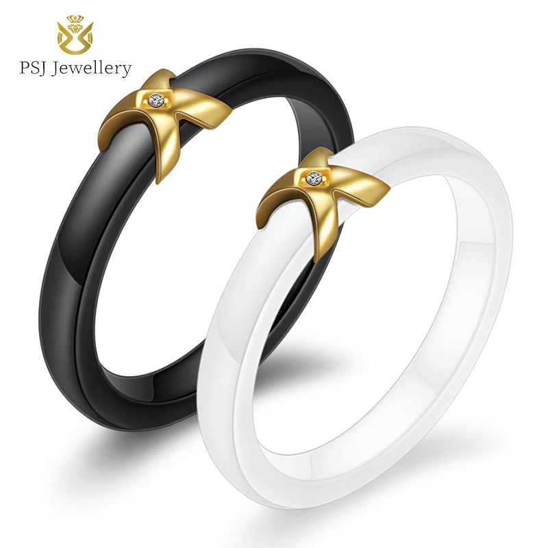 

PSJ Fashion Trendy Jewelry Anillos 4.7mm Gold Cross Design Simple Band Black White Ceramic Rings for Lovers Men Women