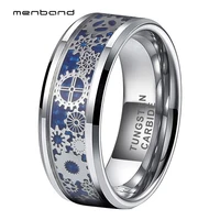 men women wedding band tungsten carbide ring with mechanical gear wheel and blue carbon fiber inlay 6mm 8mm comfort fit