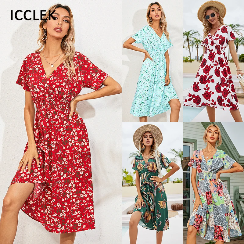 

Женское платье с цветочным принтом, коротким рукавом и V-образным вырезом