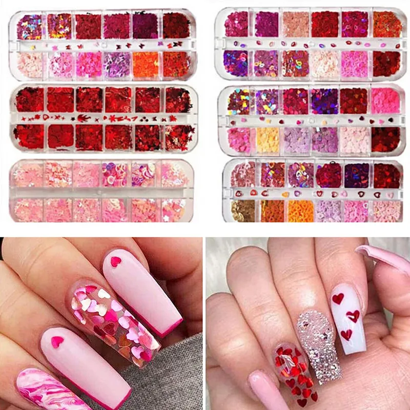 

12 Grids Mixed Valentine's Day Nail Art Sequins Shiny Red Love Heart Glitter Flakes Nail Supplies For Professionals Accessories