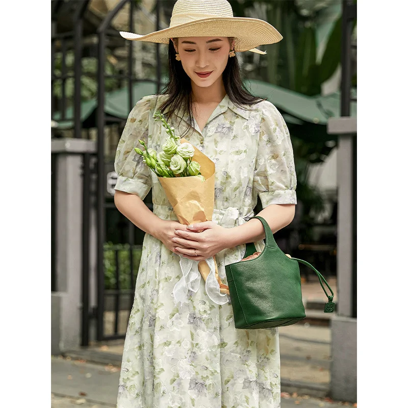 

Fashion Fur Vintage Green Flower Basket Crossbody Cowhide Bag Commuting Large Capacity Genuine Leather Handbags Women's bag