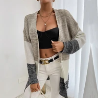 light luxury 2022 new cardigan mid length knitted sweater color blocking sweater womens seven point shirt coat cardigan black