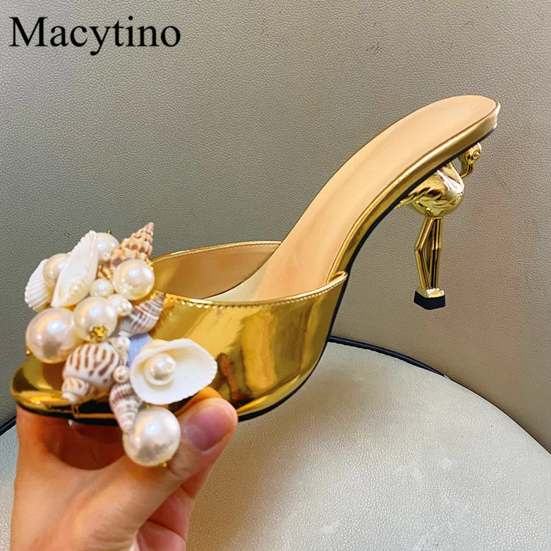 Conch Decoration Ladies High Heel Slippers Round Toe Flamingo Heel High Heel Slippers Fashion Party High Heel Slippers