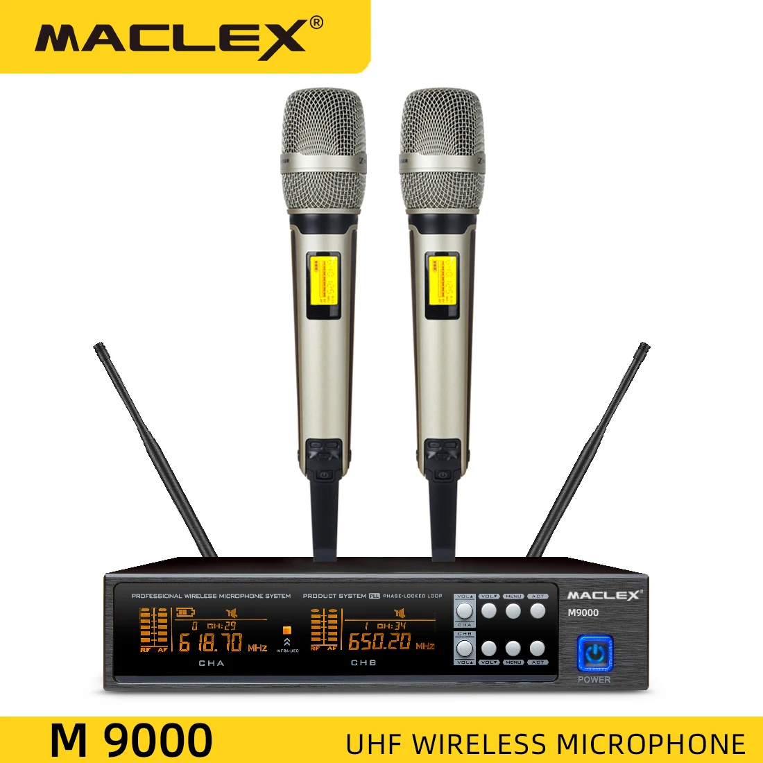 

Maclex M9000 UHF Stage Performance Home Karaoke KTV Professional Wireless Metal Dual Microphone System 2 Channel Dynamic Mic