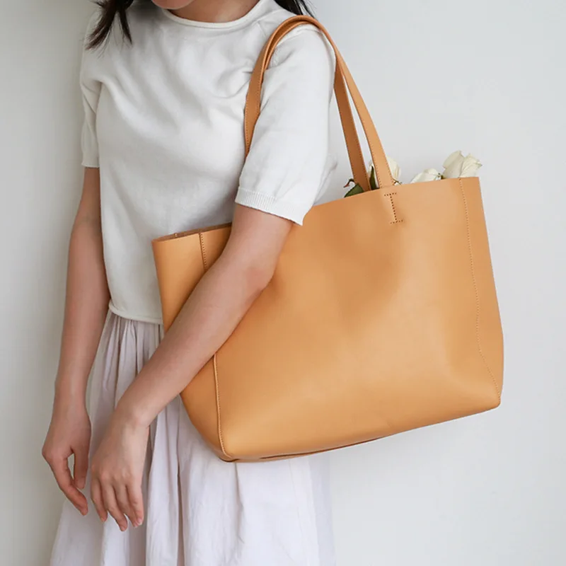 Real Leather Tote Bags for Women Fashion Design Handbags Large Capacity Shoulder Shopping Bag Soft Smooth First Layer Cowhide