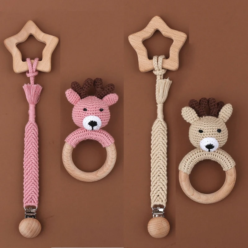 

Baby Pacifier Clip Dummy Chain Holder Wooden Teething Bracelet Crochet Toy Rattle Soother Molar Infants Teether Newborn Shower G