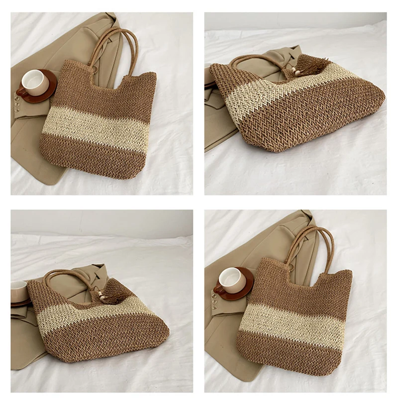 Bohemia Women Weave Straw Big Hit Color Tote Bag 2023 Summer Travel Beach Bags Handmade Lady Handbag Shoulder Side Bags