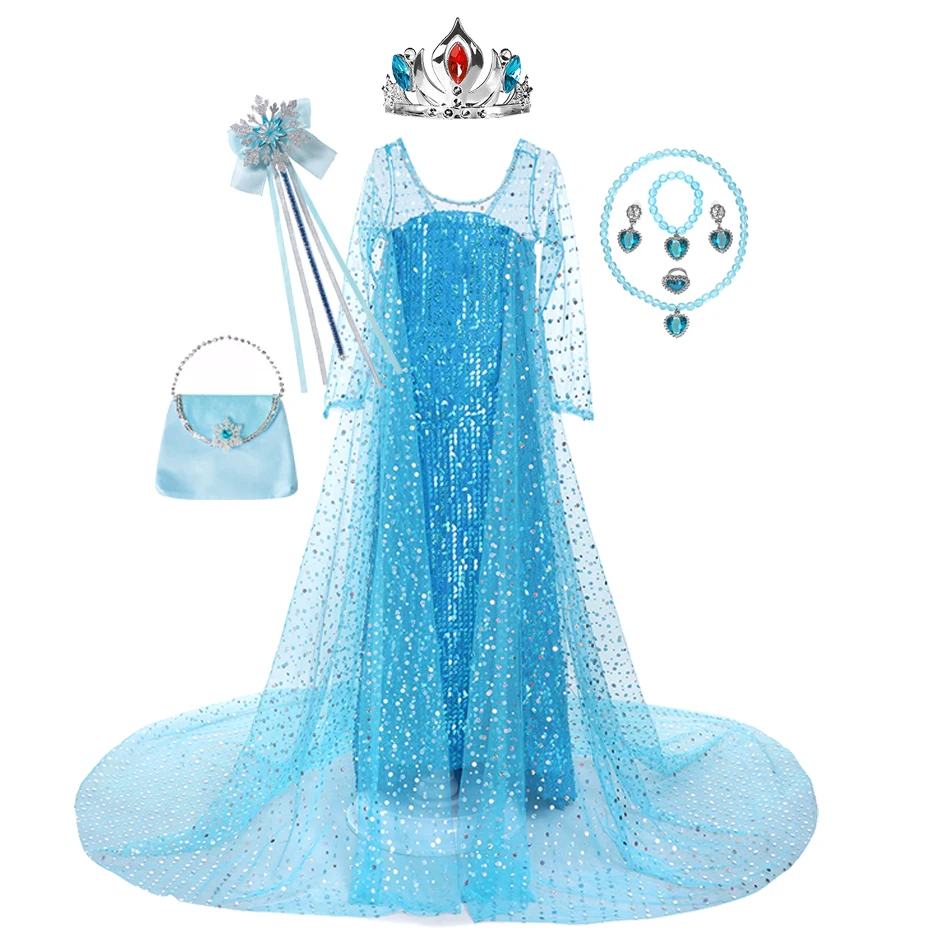 Disney Frozen Girls Elsa Cosplay Princess Dress Sequin Costume Snow Queen Halloween Birthday Party Prom Kids Clothes With Cloak images - 6