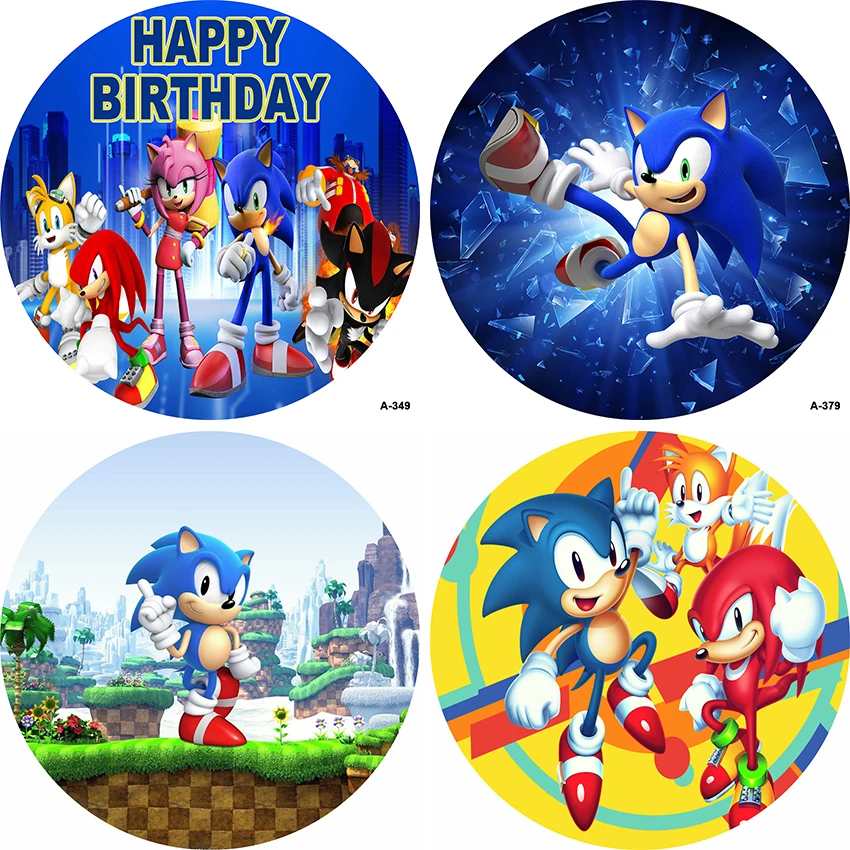Fondo redondo de dibujos animados para niños, telón de fondo con círculo sónico azul, Flash, foto de fiesta de cumpleaños, cubiertas de mesa