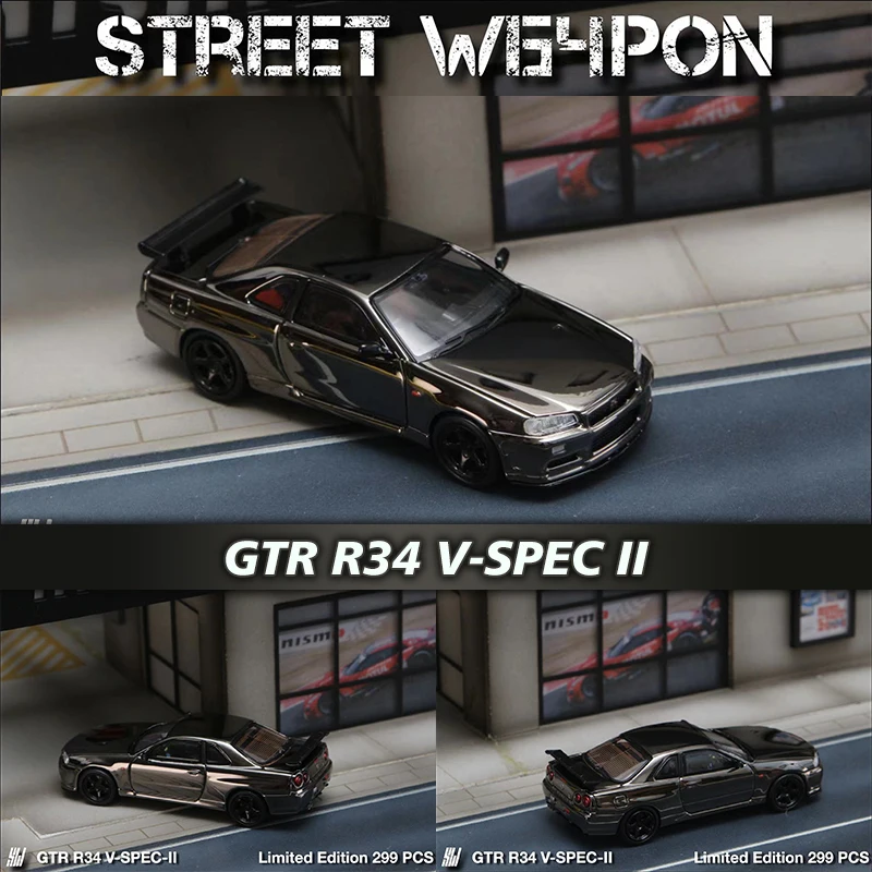 

SW In Stock 1:64 GTR R34 V Spec II Electroplated Black Diecast Diorama Car Model Collection Miniature Carros Toys Street Weapon