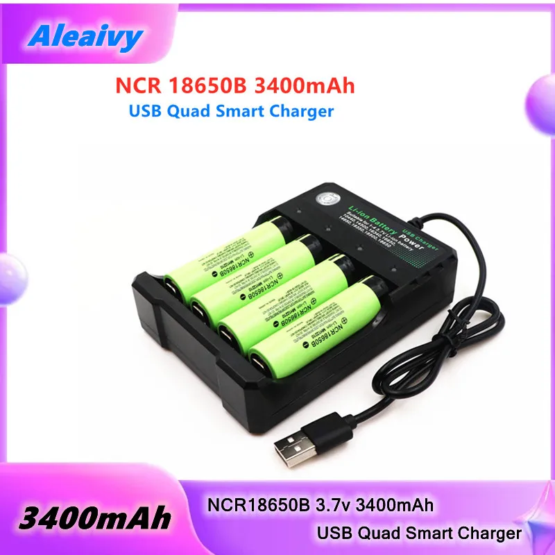 

Aleaivy NCR18650B 3.7v 3400mAh 18650 Li-ion rechargeable battery for electric toys small fan flashlight+USB quad smart charger
