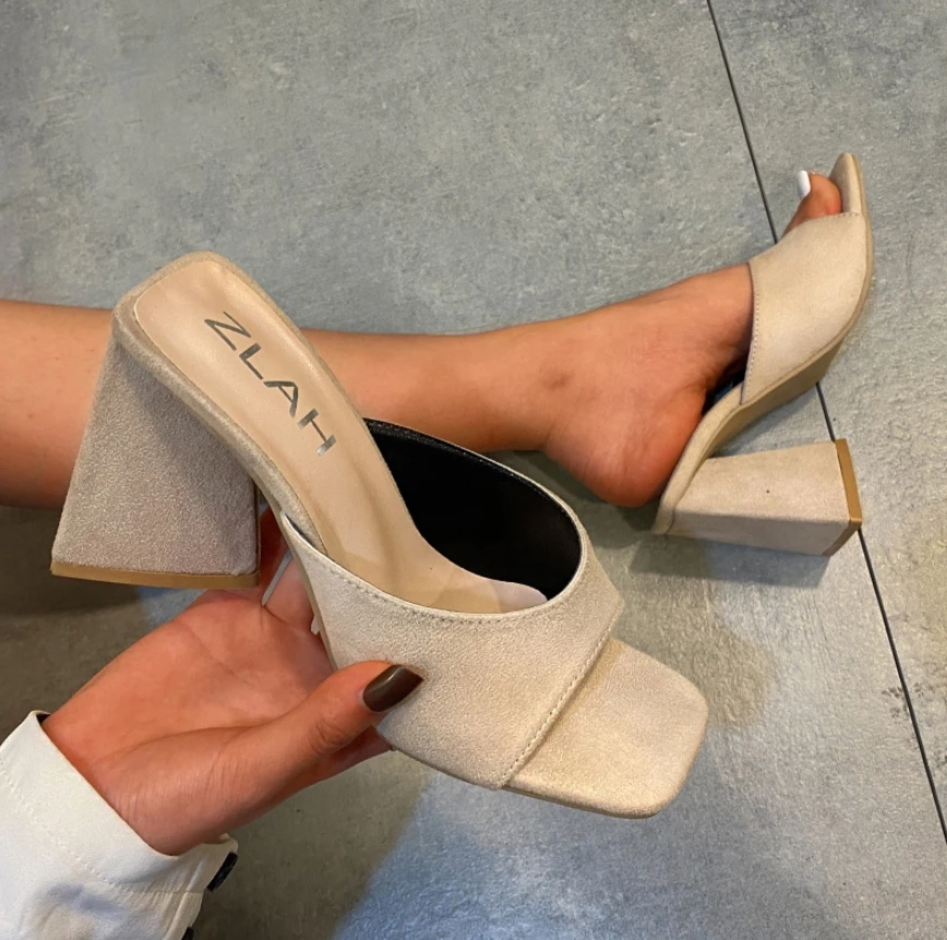 

Women High Heel Sandals 2022 Summer Square Toe Triangle Chunky Heel High Heels Women's Large Size Outdoor Fashion Slippers