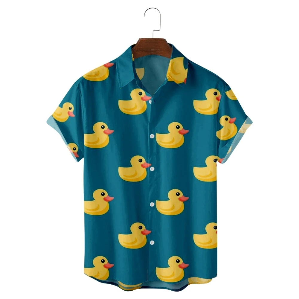 2022 New Dark Green Duck Print Hawaiian Shirts Men Women Single Button Short Sleeve Breathable Shirts Fashion Lapel Tops