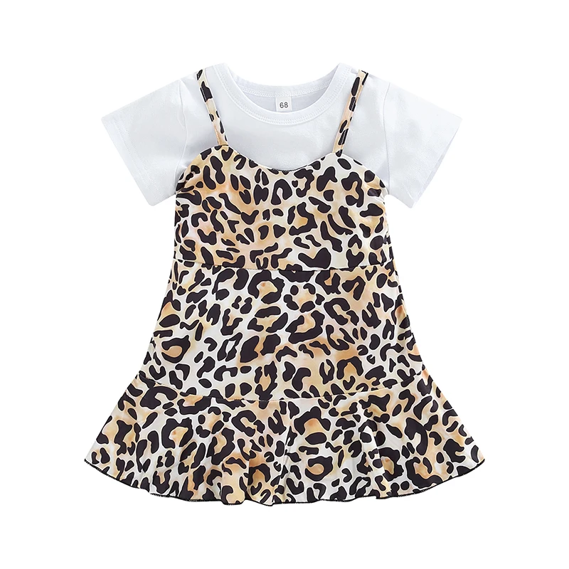 

Summer New Born Girls Dress Suit Color Short Sleeve T-shirt Leopard Print Slip Dress 2pcs Baby Clothing