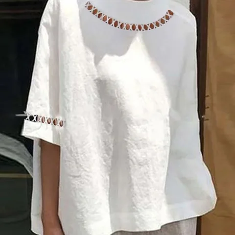 Fashion Solid O-Neck Embroidery Blouse Shirts Women Elegant O-Neck Pullover Tops Summer Vintage Short Sleeve Blusa Streetwear