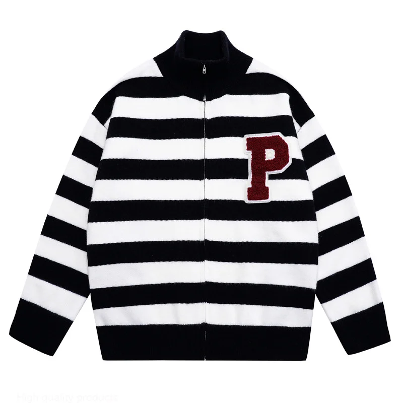 

Winter Striped Cardigan Men Korean Style Fashion Zipper Knitted Sweaters 2021 Autumn Oversize Streetwear Black Sweater