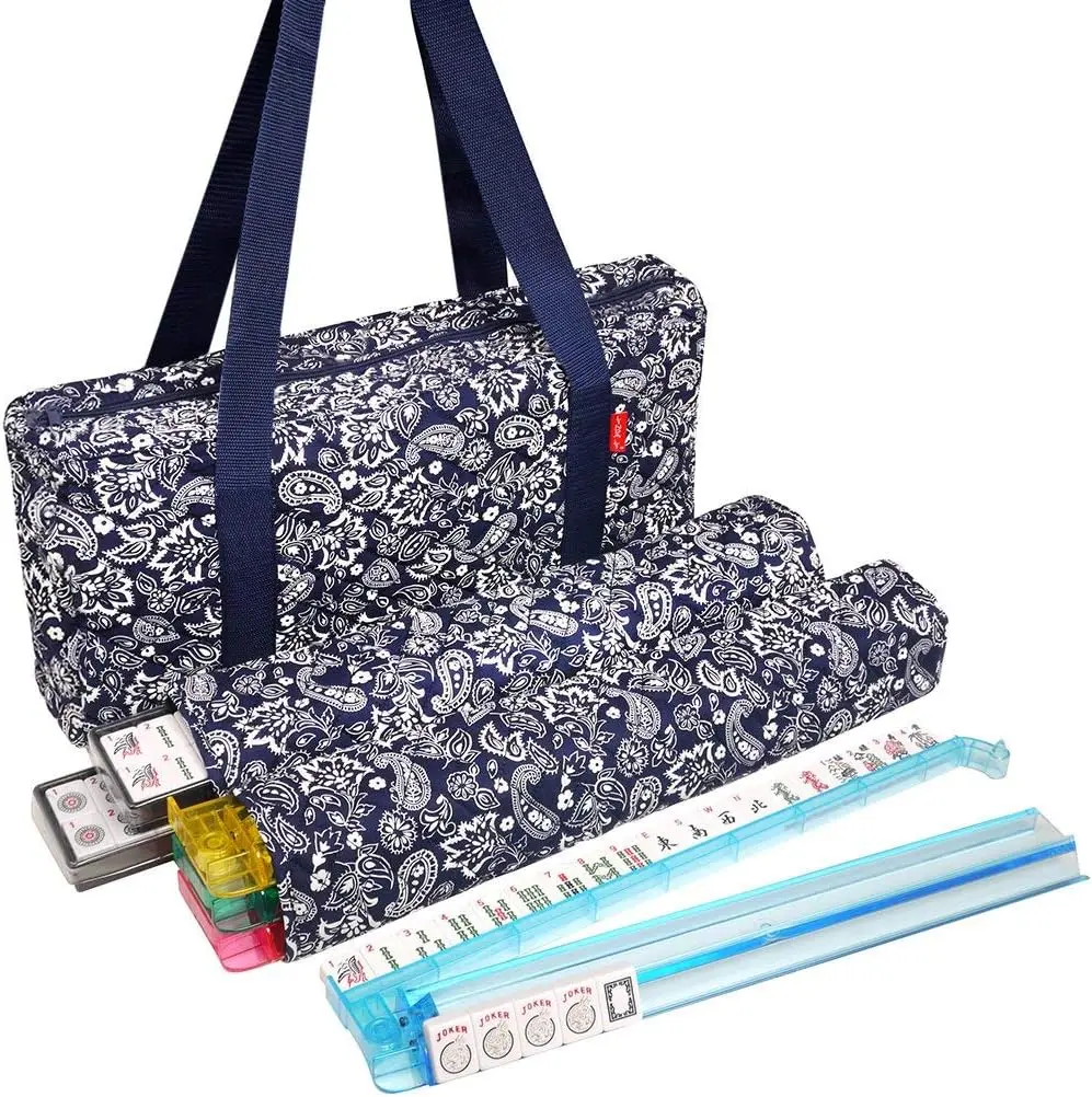 

New! - American Mahjong Set 166 Premium White Tiles, 4 All-in-One Rack/Pushers, Blue Paisley Soft Bag \u2013 Classic Full Size C