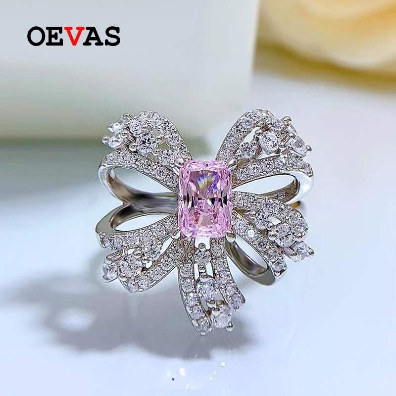 

OEVAS 100% 925 Sterling Silver Pink High Carbon Diamond Bowknot Rings For Women Sparkling Wedding Party Fine Jewelry Wholesale