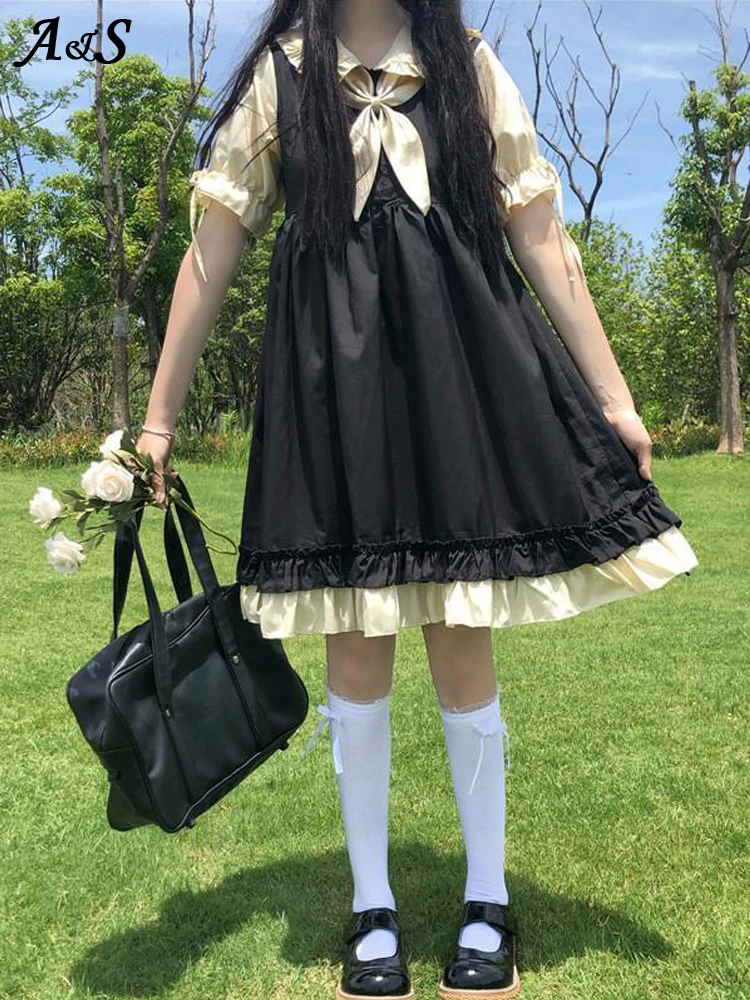 

Платье в японском стиле Готическая Лолита красивые черные платья с пышными рукавами кавайные французские искусственные куклы подростковы...