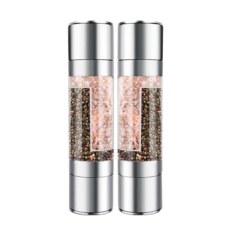 

2 Pcs Stainless Steel 2 In 1 Manual Salt & Pepper Grinder Refillable With Dual Adjustable Coarseness Clear Acrylic Body