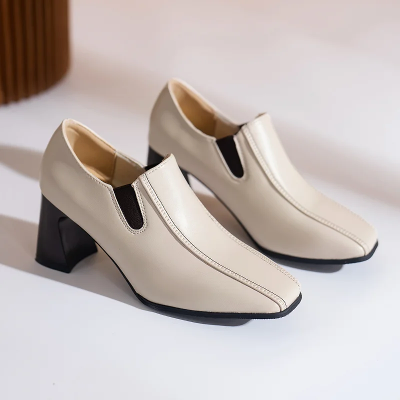 

2022 New Spring and Autumn Non Tiring Solid High Heel Shoes with Coarse Heels and Versatile Casual Small Leather Shoes for Women