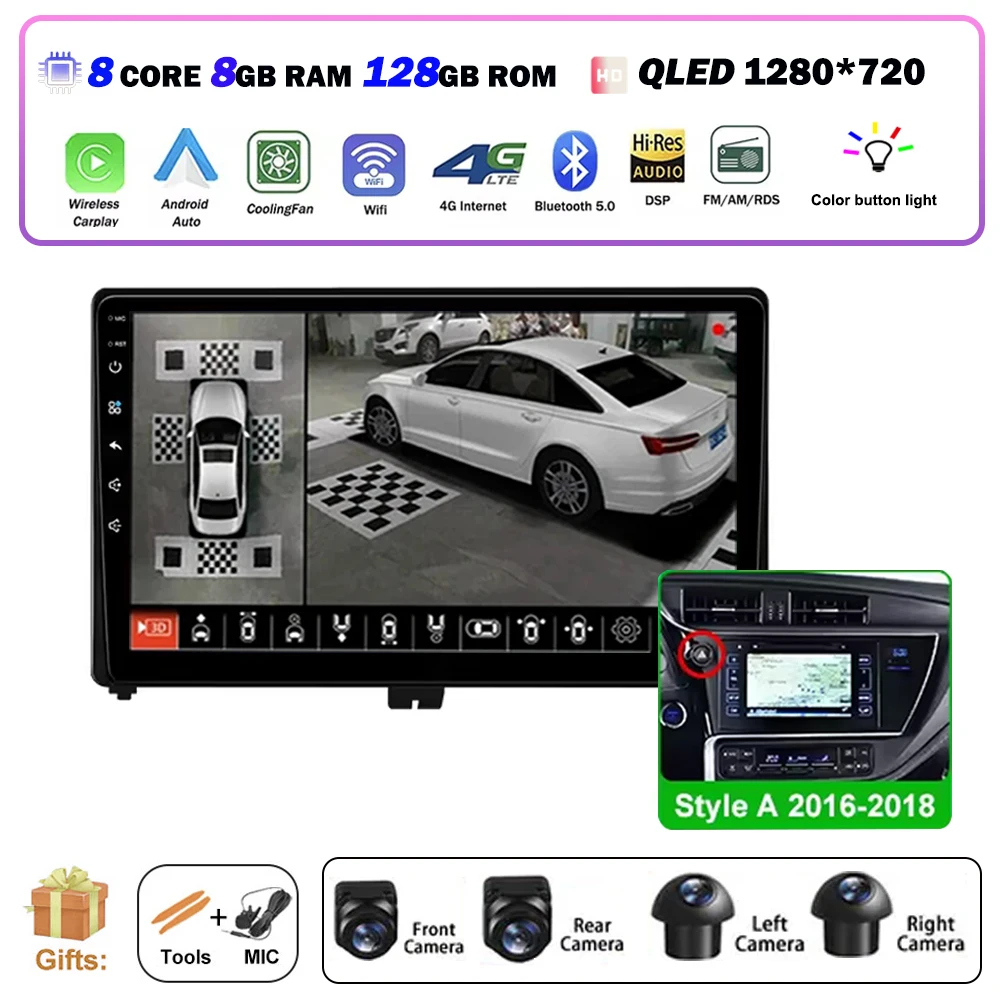 

Android Auto для Toyota Auris 2014 2015 2016 2017 2018 Автомобильный радиоприемник GPS Мультимедийный видеоплеер Стерео BT DSP Carplay 4G WIFI 9 ''