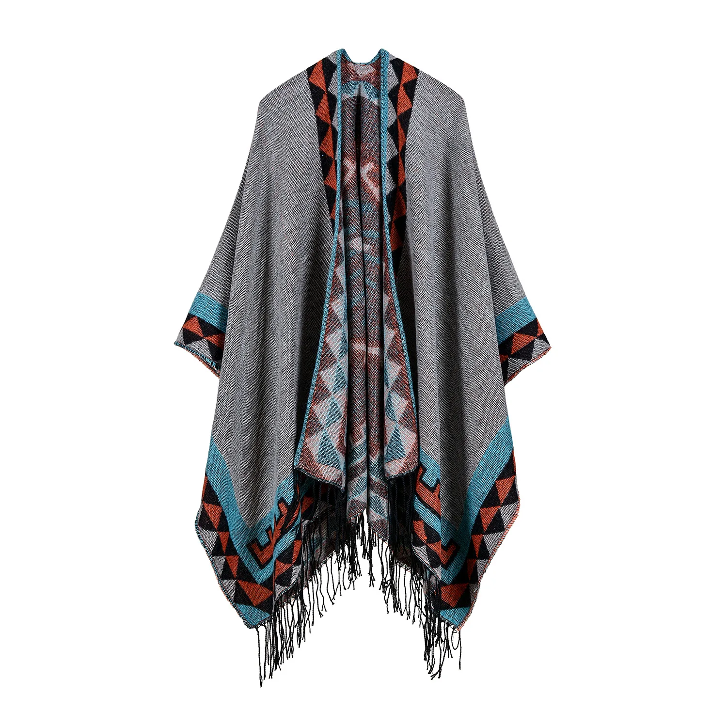 Women's  Tassel Imitate Cashmere Shawl  Autumn Winter Can Be Thickened Wear on Both Sides Lady Ponchos Capes Gray