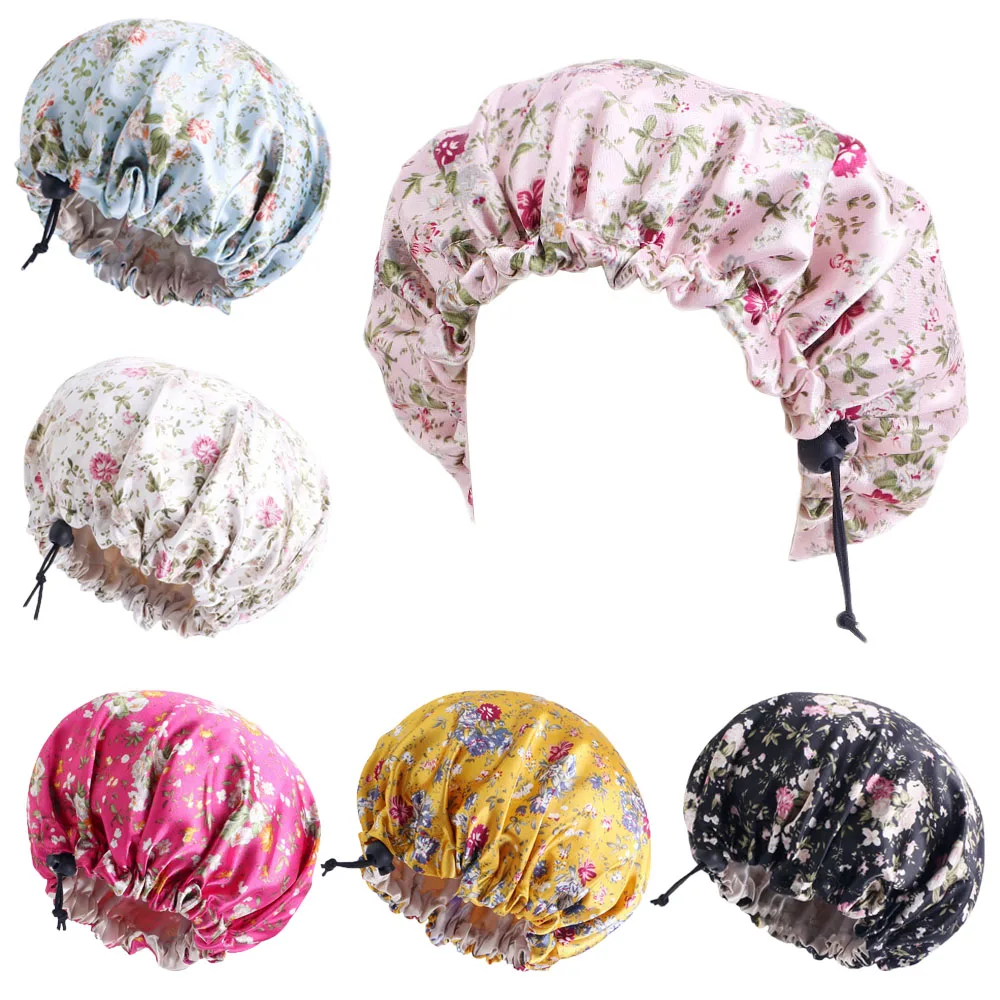 

Kids Bonnet Satin Soft Hats Elastic Cap Sleeping Adjustable Hair Care Caps for Girls Children Floral Printed Night Cap Turban