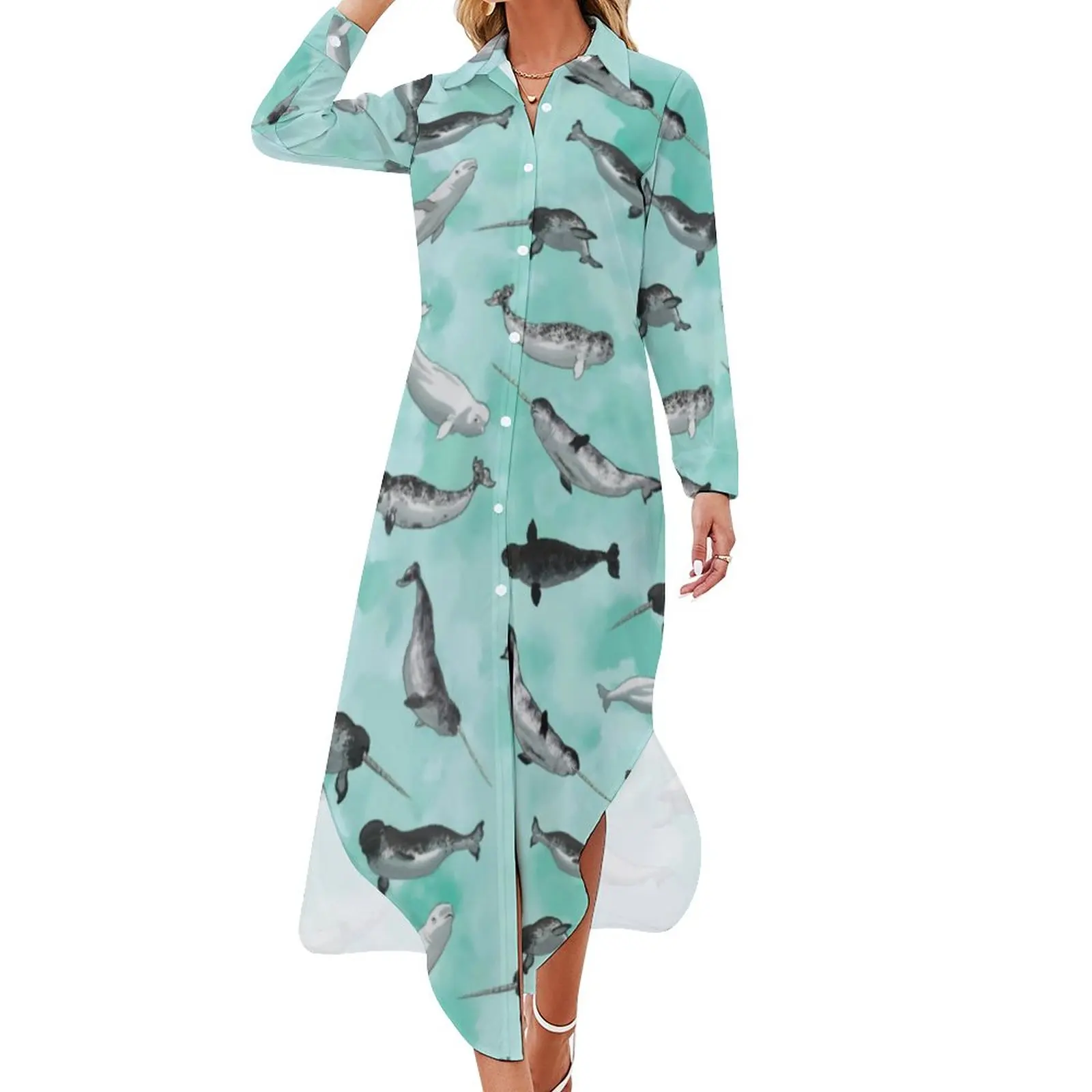 

Arctic Animal Print Chiffon Dress Sexy V Neck Narwhal and Beluga Cute Dresses Female Aesthetic Casual Dress Gift
